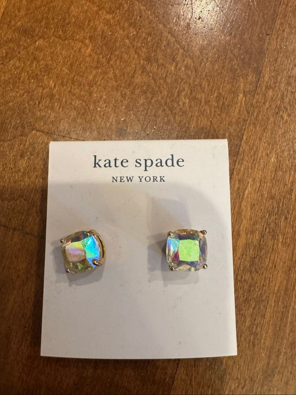 New Kate Spade Iridescent Square Crystal Stud Earrings Gold Tone NWT
